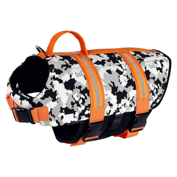 Paws Aboard Dog Life Jacket - Keep Your Canine Safe with a Neoprene Life Vest - Designer Life Jackets - Perfect for Swimming and Boating - Grey Camo/Orange, Small