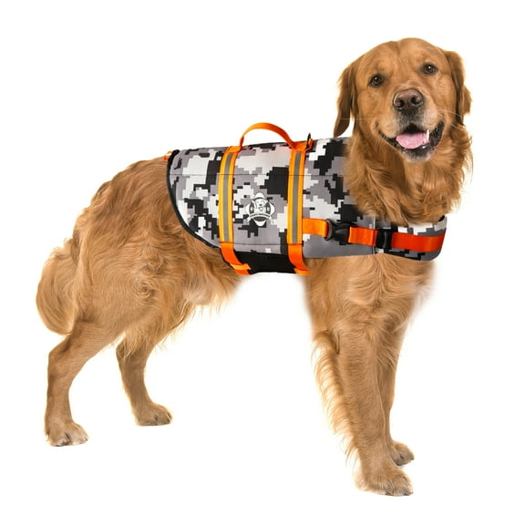 Paws Aboard Dog Life Jacket - Keep Your Canine Safe with a Neoprene Life Vest for All Sizes - From XX-Small to X-Large Designer Life Jackets - Perfect for Swimming and Boating - Grey Camo, Large