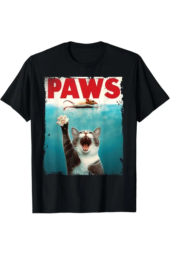 Paws Funny Cat Chasing Mouse Jaws Movie Parody Kitten Humor Unisex T-Shirt, up to Size 5XL