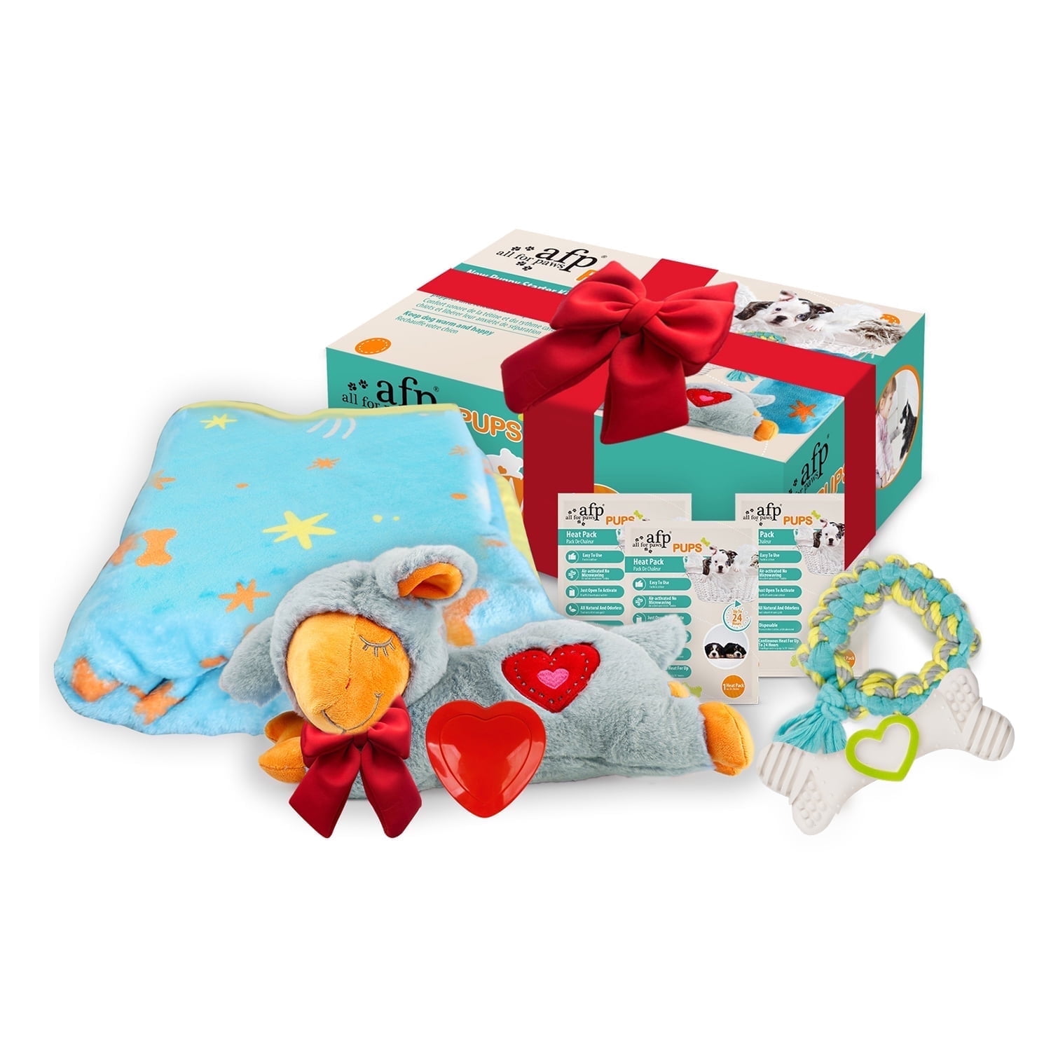 All For Paws Heartbeat Dog Plush Toy Gift Set - Gray Sheep Puppy Snuggling Toy for Sleeping Aid & Anti-Anxiety, a Soft Cuddly Blanket, 2 Puppy Chewing Toys & 3 Heat Packs