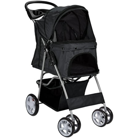 Paws & Pals 4-Wheeled Pet Stroller for Cats & Dogs Foldable with Cup Holder, Black (Large)
