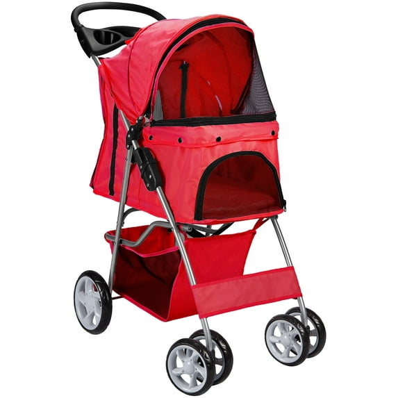 Paws & Pals 4-Wheeled Pet Stroller for Dog and Cat Foldable with Cup Holder, Red (Large)
