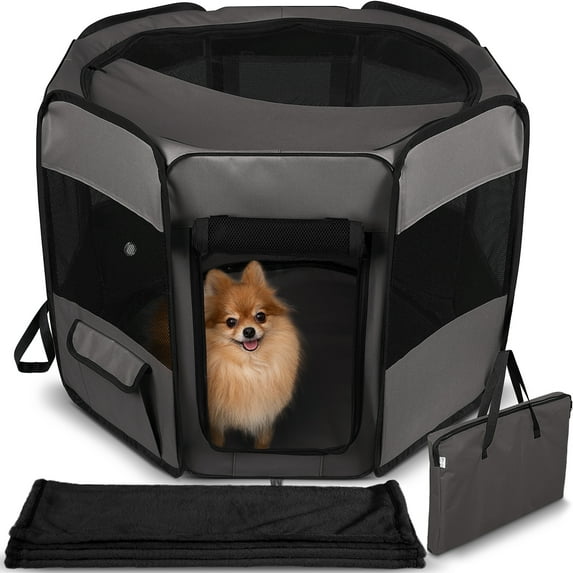 Paws & Pals Dog Playpen Soft-Sided Mesh Portable Foldable Octagon with Blanket - Black
