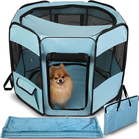 Paws & Pals Dog Playpen Soft-Sided Mesh Portable Foldable Octagon with Blanket - Blue