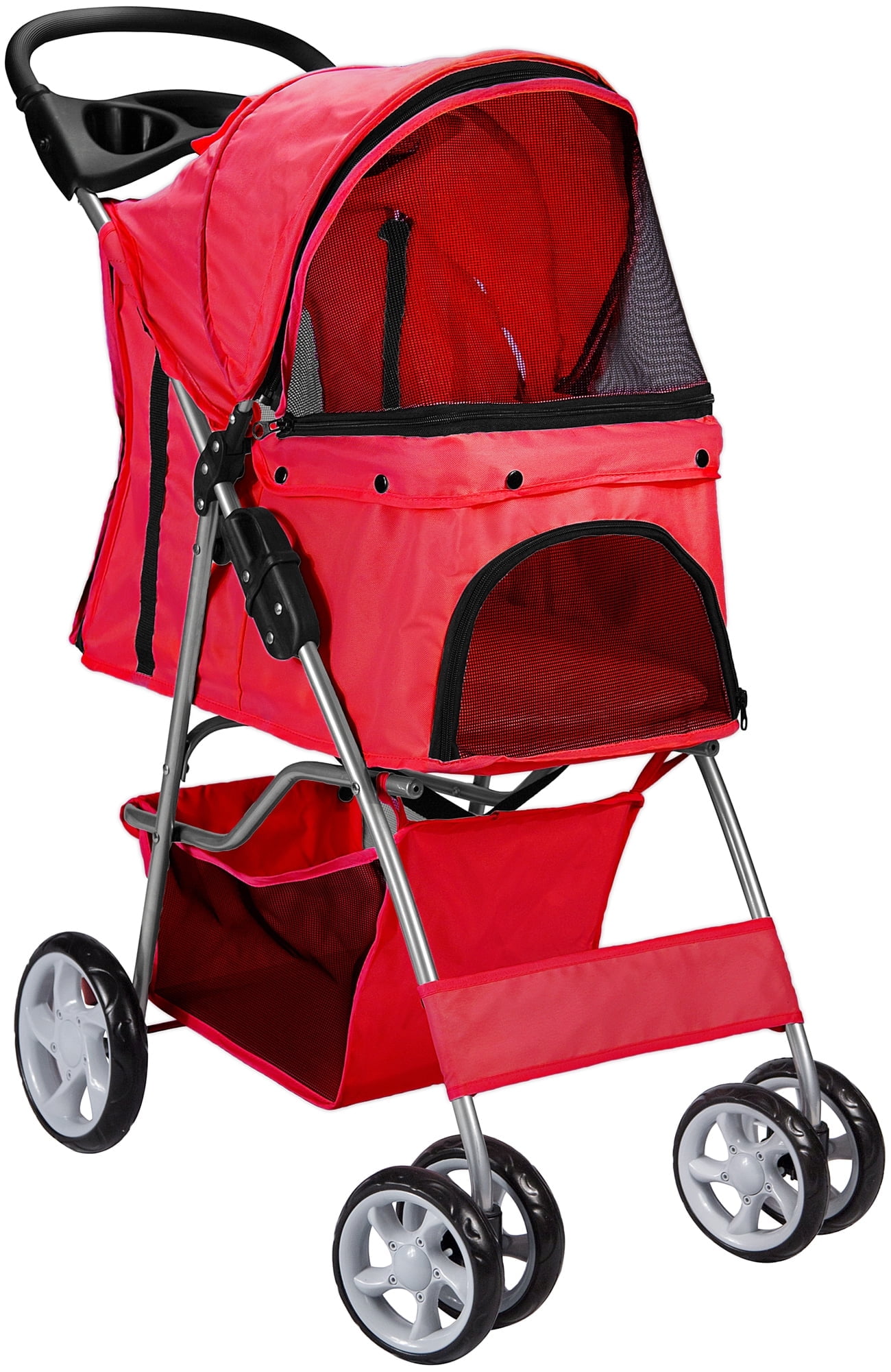 Red Foldable 4-Wheel Pet Stroller with Mesh Screens
