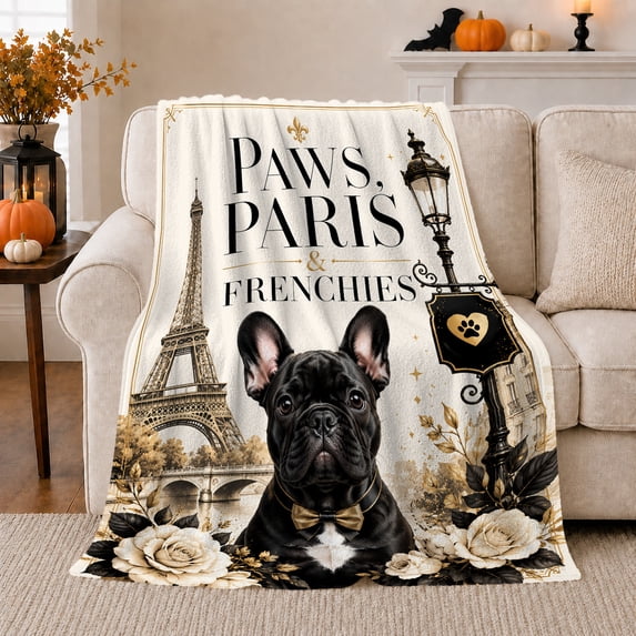 Paws Paris Frenchies French Bulldog Bowtie, Cozy Pet Portrait Pattern, Warm Flannel Blanket for Living Room and Bedroom, Dog Lovers Valentine's Day Gift, Pet Lover Home Decor