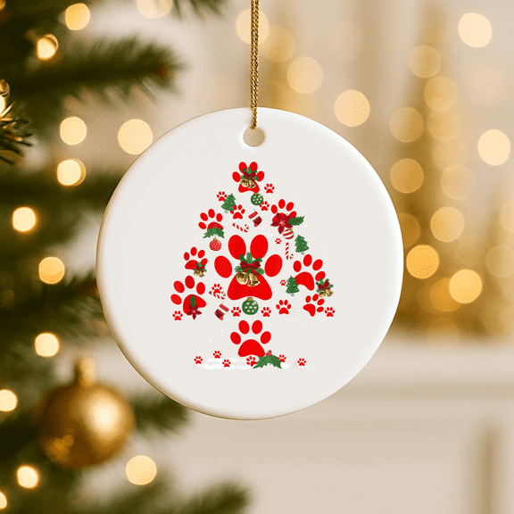 Paws Print Christmas Tree Dog Cat 2D FLAT CIRCLE Ceramic Ornament