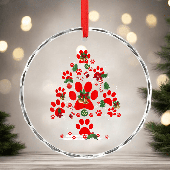 Paws Print Christmas Tree Dog Cat CIRCLE GLASS ORNAMENT Home Decor