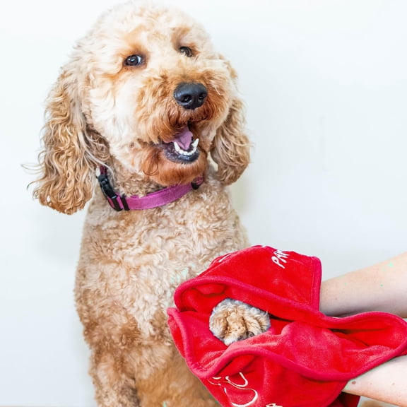 Paws Up Cleaning Towel for Dogs.  Removes Dirt, Mud, Debris, Grass, Sand, Allergens. Two Pocket Design. 25.9" X 9" Red