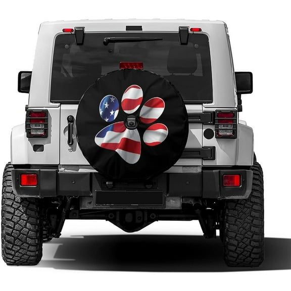 Paws Us American Flag Spare Tire Cover with Backup Camera Hole Wheel Tire Cover Fit Trailer, RV, SUV and Many Vehicle