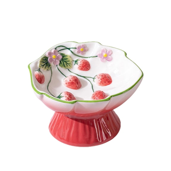 PawsPik Strawberry Blooms Elevated Ceramic Cat Bowl, Red
