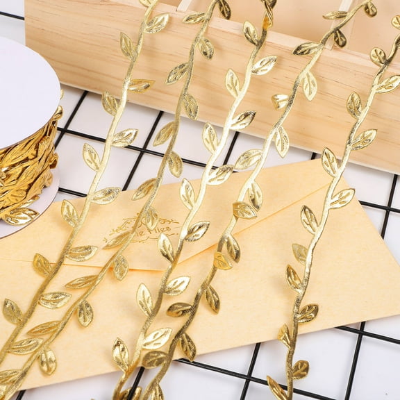 Pawsdot Golden Leaf Vine Ribbon Fabric Trim for Wedding Invitation Accessories and Party Decoration