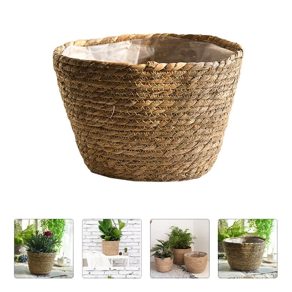 Pawsdot 1Pc Handmade Woven Planter Khaki Flower Basket with Plastic Lining for Home
