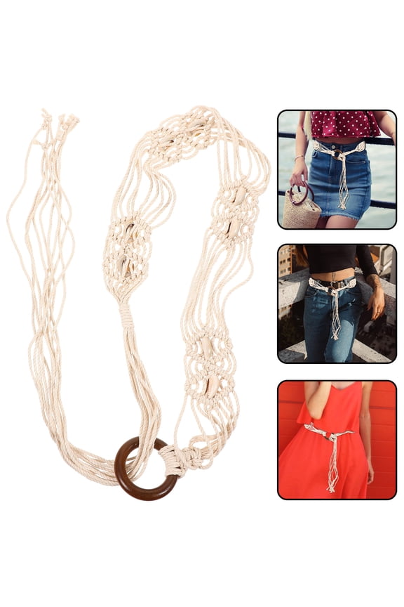 Womens Bohemian Belt Beige Shell and Wax Rope Woven for Decoration