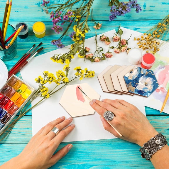 Pawsdot 25Pcs Light Yellow Wood Adornments Hexagon Wooden Pieces Wedding Name Label for Decoration