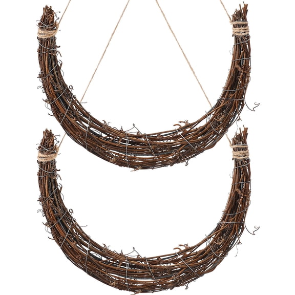 Pawsdot 2Pcs Moon Shaped Wreath Rattan Rings Brown for Rustic Style Indoor Outdoor Decoration