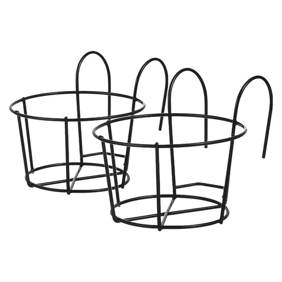Pawsdot 2Pcs Black Round Metal Hanging Flower Pots with Iron Frame for Porch and Deck