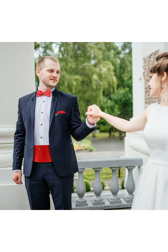 3Pcs Premium Satin Cummerbund Bow Tie and Pocket Handkerchief Set for Mens Wedding Attire