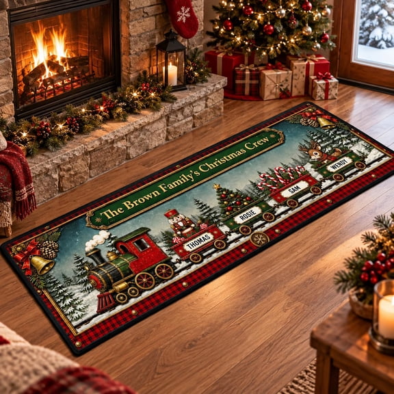 Pawsionate Runner Rug Family Train, Personalized Christmas Hallway Decor, Christmas Hallway Runner Rug With Family Names, Runner For Entryway Non Slip Washable, Grandparents Holiday Decor
