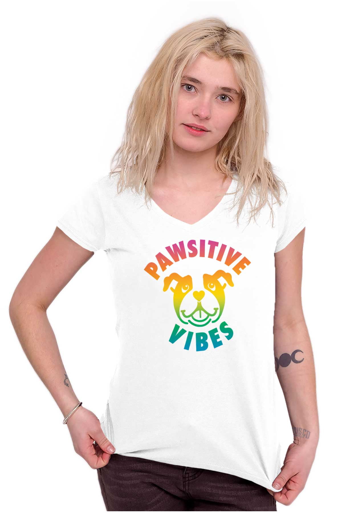 Pawsitive Vibes Happy Rainbow Dog Women's Petite V-Neck T Shirt Brisco ...
