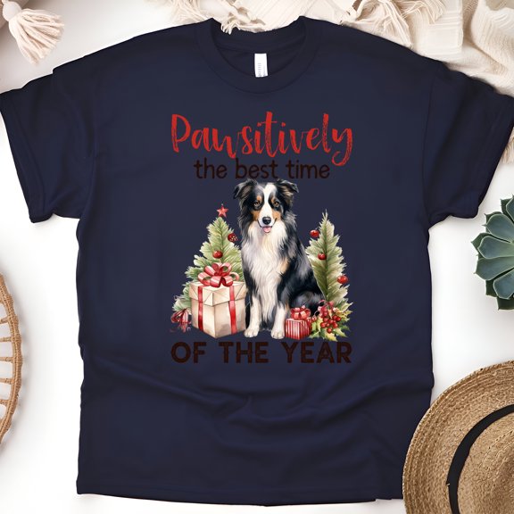 Pawsitively Best Time Dog Shirt | Holiday Dog Lover Christmas Graphic Tee, Navy, Size 2XL