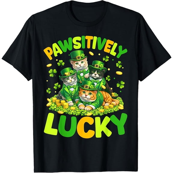 Pawsitively Lucky Cats St Patricks Day Cat Lover Boys Girls T-Shirt, T-Shirt for Kids Youth, 180gsm, 100% Cotton
