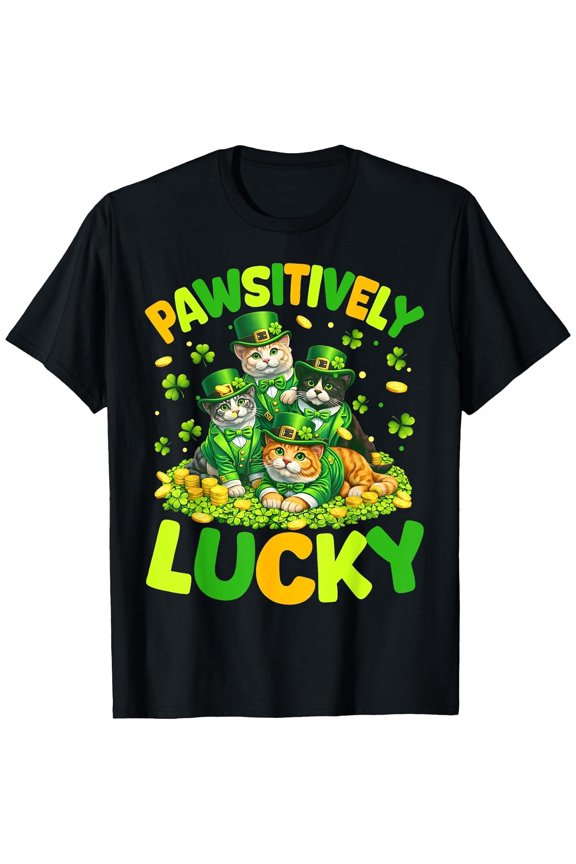 Pawsitively Lucky Cats St Patricks Day Cat Lover Boys Girls T-Shirt, T-Shirt for Kids Youth, 180gsm, 100% Cotton