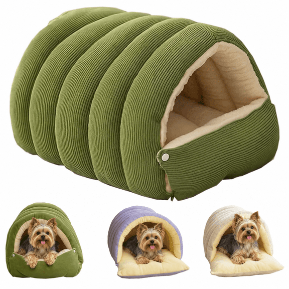 Pawsmore Bed, Covered Pet Bed for Cats & Small Dogs, Corduroy Enclosed Cave Bed with Roof, Removable & Washable Warm Winter Nest for Puppies and Small Pets
