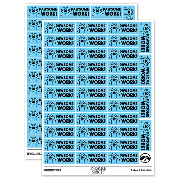 Pawsome Awesome Work Cat Paw Teacher Student School Sticker Set - Light Blue - Gloss Finish - 1.5" Small