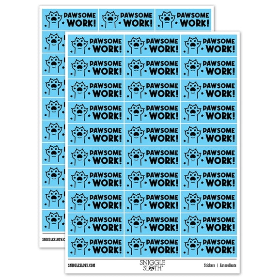 Pawsome Awesome Work Cat Paw Teacher Student School Sticker Set - Light Blue - Gloss Finish - 1.75" Medium