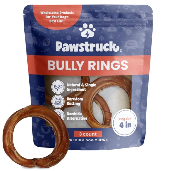 Pawstruck All-Natural 4" Bully Stick Rings for Dogs - Rawhide-Free, 100% Beef, Single Ingredient Dental Chew Bones - Fully Digestible, Low Odor - 3 Pack - Packaging May Vary