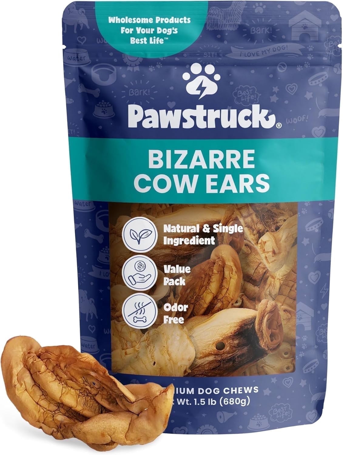 Pawstruck Bizarre Cow Ears, Air-Dried, Rawhide-Free, Low Calorie Chew for All Breeds, 1.5 lb. Bag