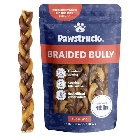 Pawstruck Natural 12" Braided Bully Stick Chews for Dogs, Single Ingredient, 5 Count