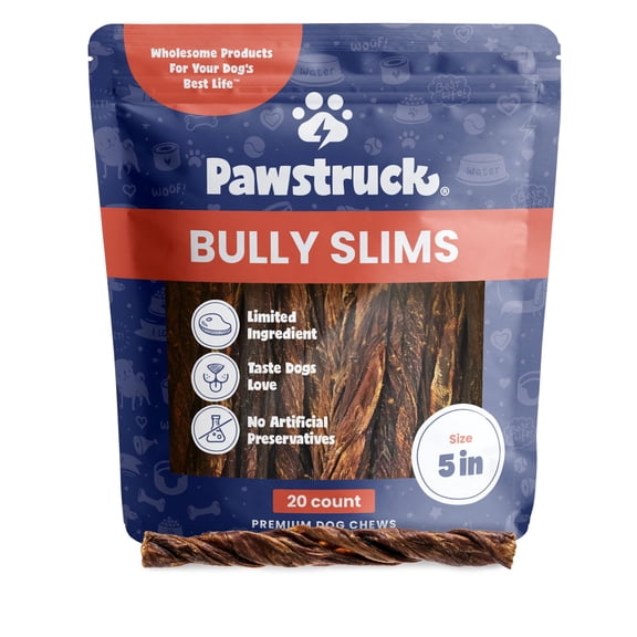 Pawstruck Natural 5 Beef Bully Slims Junior Gullet Chew Sticks for Small Dogs & Puppies Healthy Rawhide Free Esophagus Jerky Dental Treat for Light Chewers, Supports Joint Health 20 Count