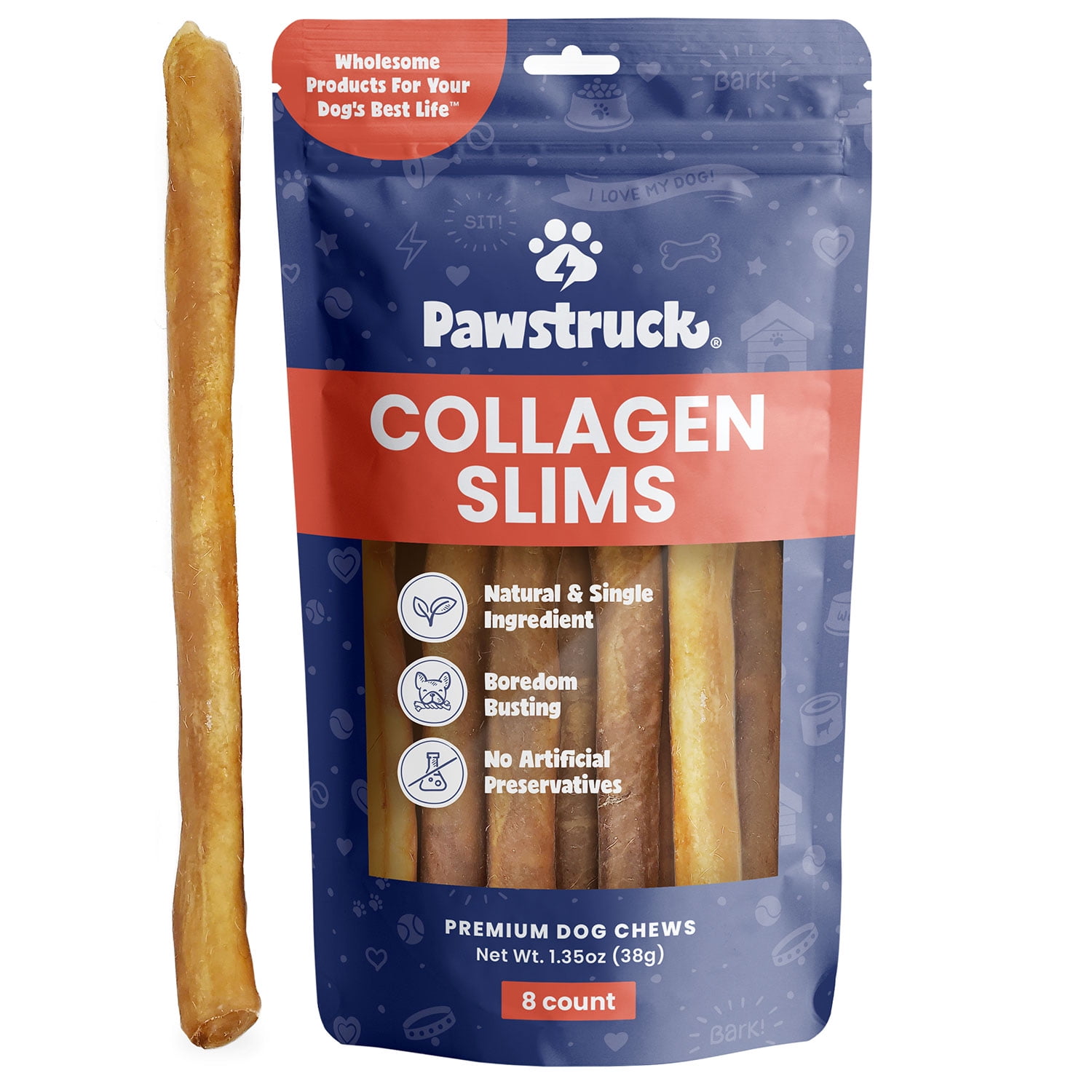 Pawstruck Natural 6 Beef Collagen Slims, Single Ingredient Chew Sticks for Dogs, 8pk