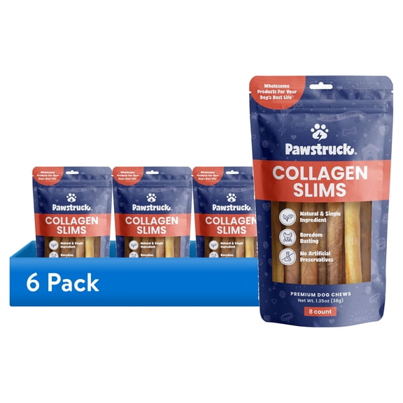 (6 pack) Pawstruck Natural 6” Beef Collagen Slims, Single Ingredient Chew Sticks for Dogs, 8pk