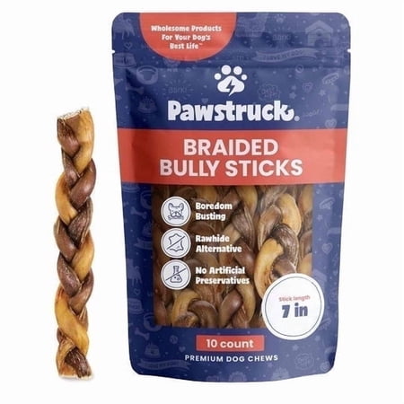 Pawstruck Natural 7" Braided Bully Sticks for Dogs - Healthy Rawhide Free - 10 Count