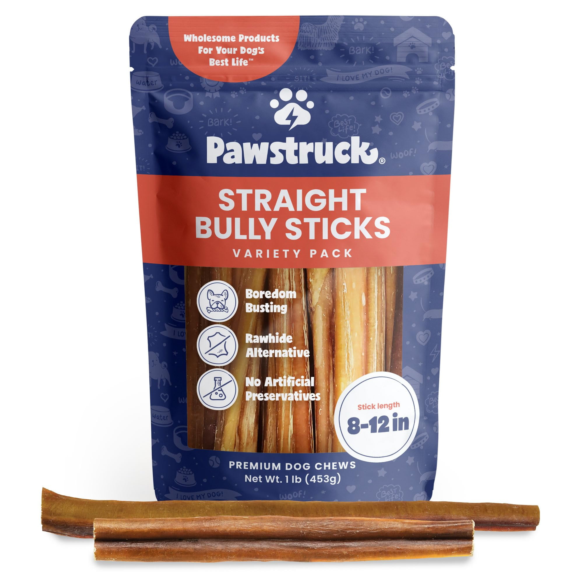 Pawstruck Natural 8-12" Bully Sticks for Dogs - Best Long Lasting