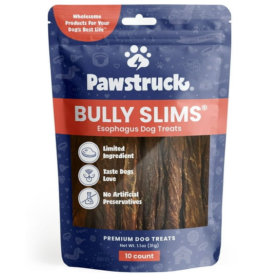 Pawstruck Natural Beef Bully Slims Gullet Chew Sticks for Dogs, 10 Count