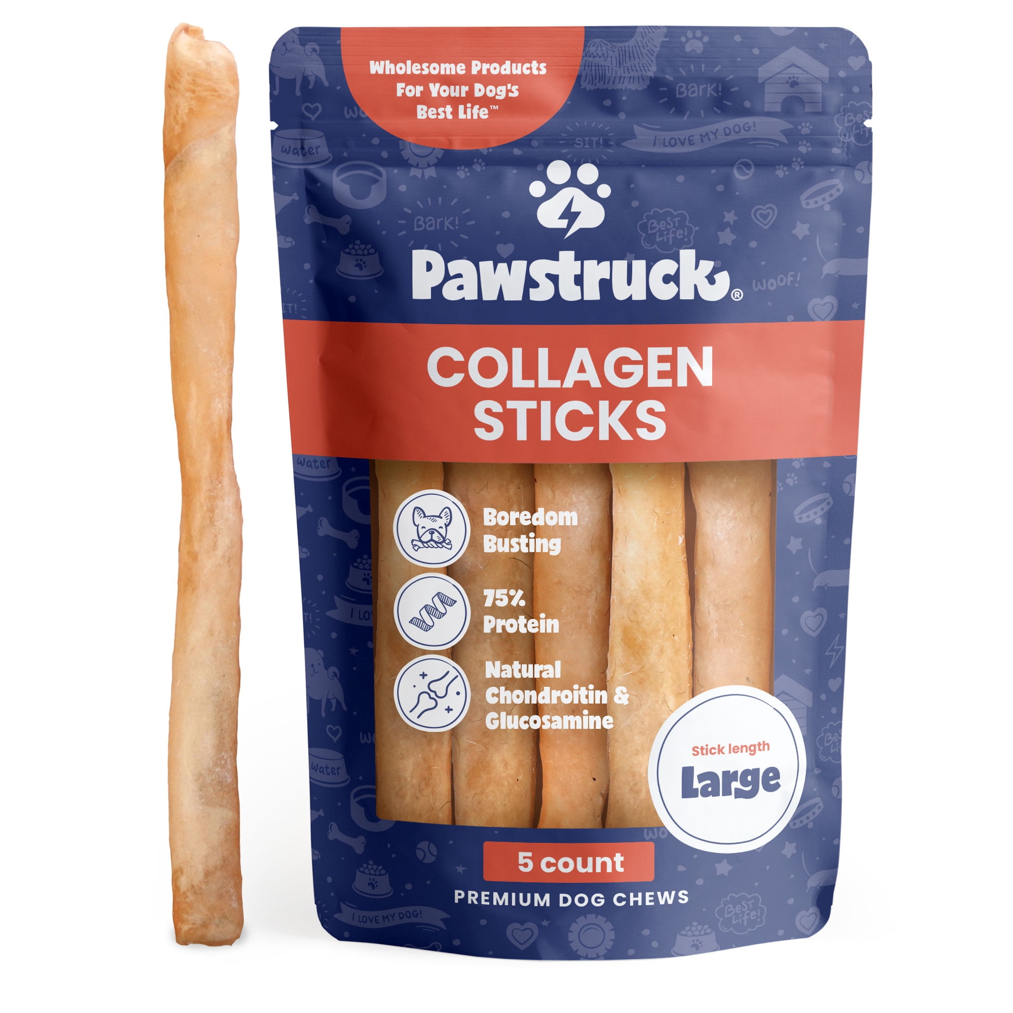 "Pawstruck Natural Large 12"" Beef Collagen Chew Sticks 5 Count
