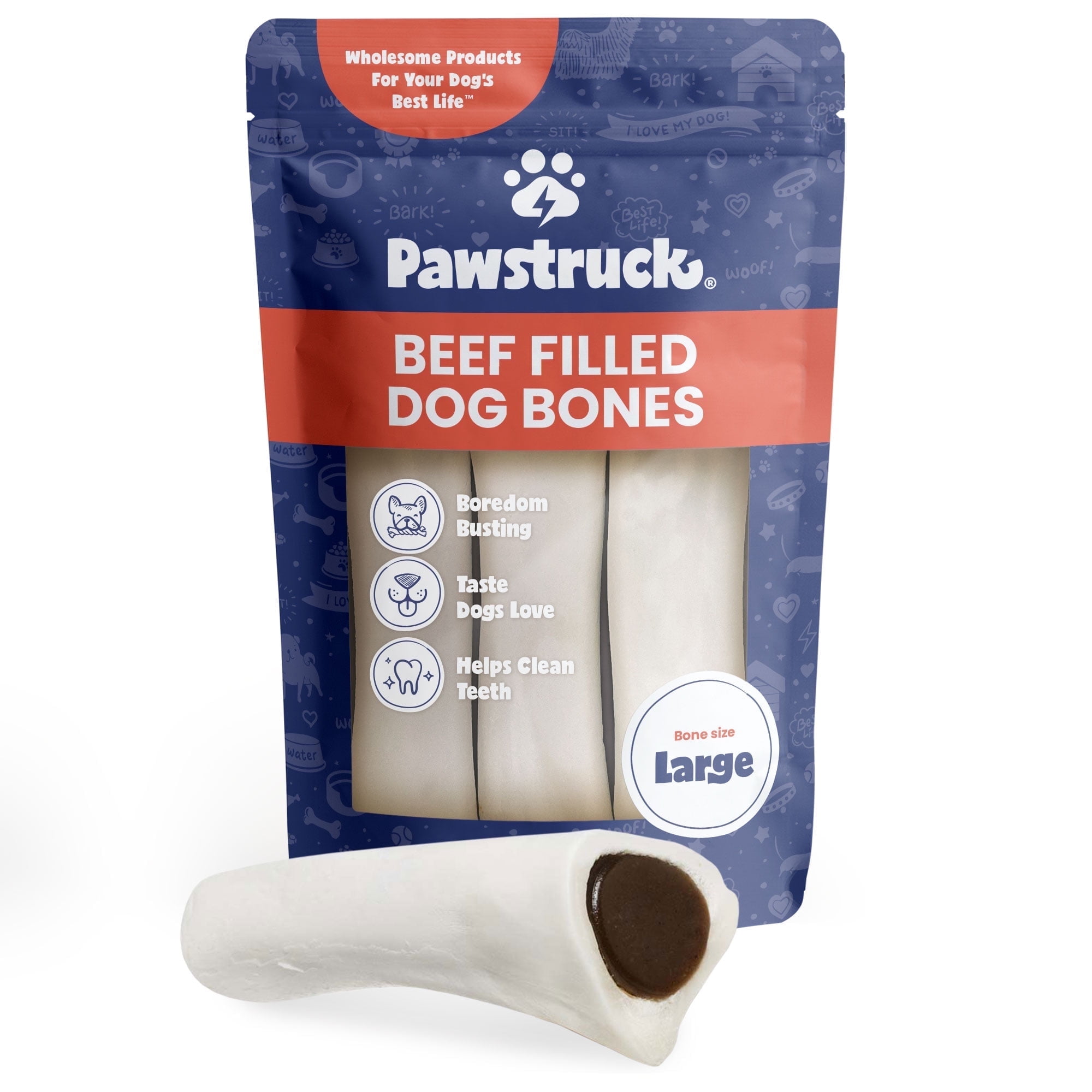 Pawstruck Natural Large 5"-6" Filled Dog Bones, Beef Flavor, 10 Count