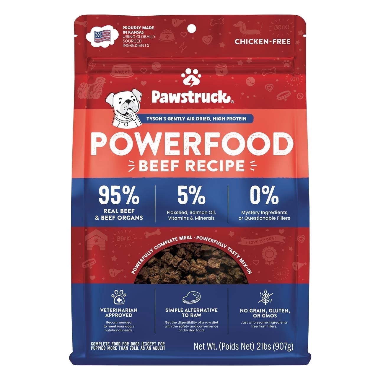 Pawstruck Premium Air Dried Dog Food with 95% Meat, Beef Flavor, 2 lb. Bag