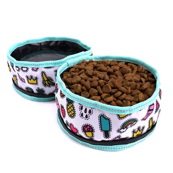 Pawtitas Foldable Dog Travel Bowls for Your Dog's Food and Water Teal Comic
