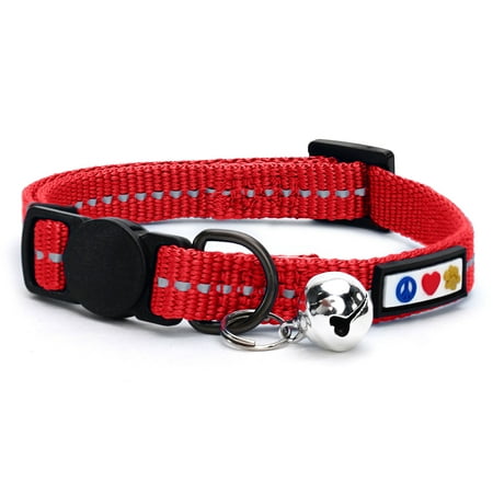 Pawtitas Recycled Cat Collar with Reflective Stitched and Safety Buckle Removable Bell Reflective Cat Breakaway Collar - Red Cat Collar.