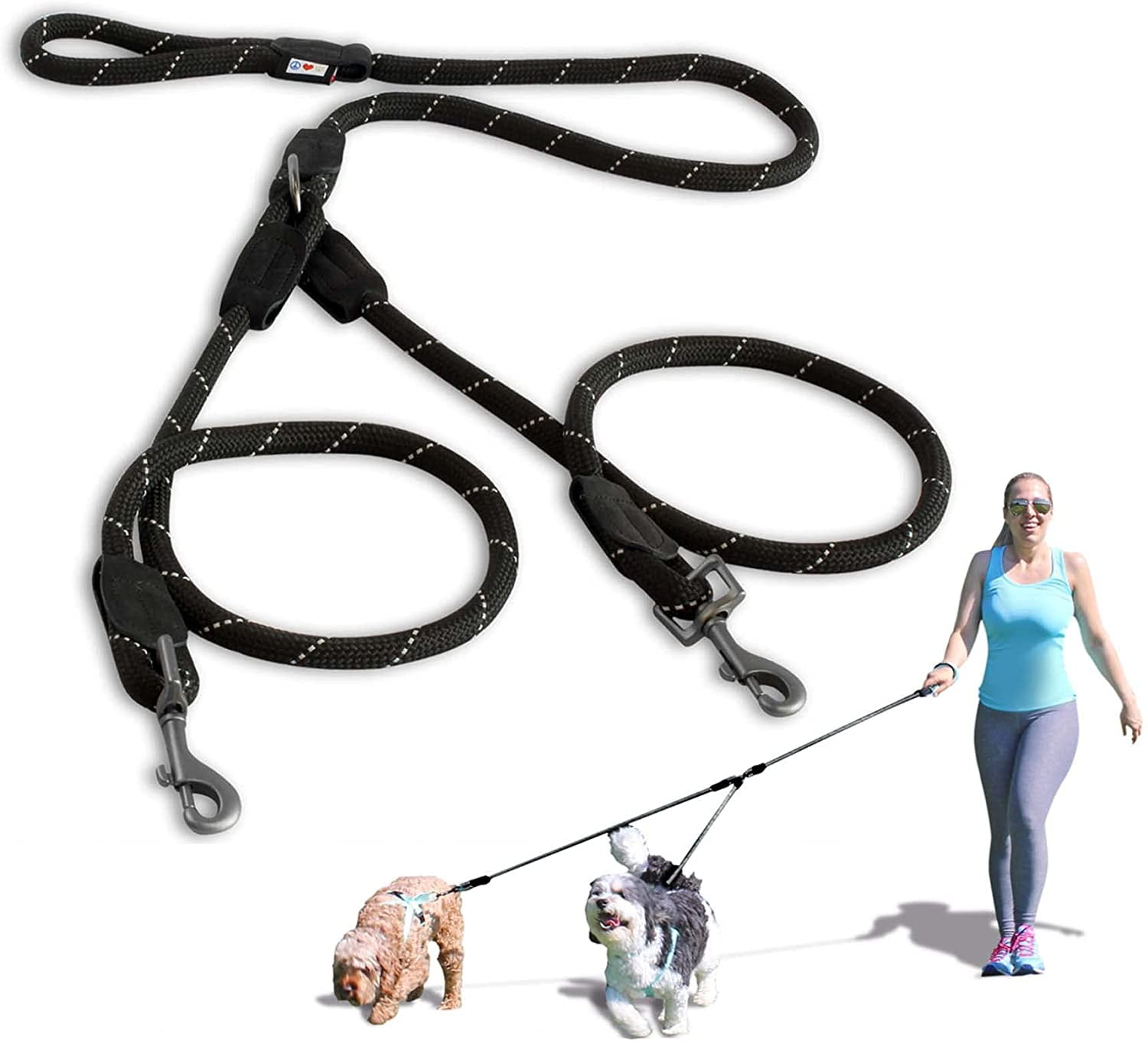 Pawtitas Two Dog Leash 6 ft Reflective Pet Rope Black Dog Leash for 2