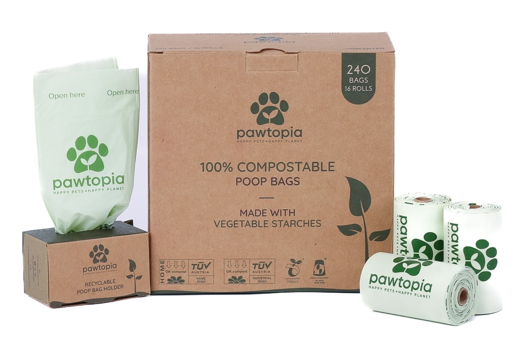 Pawtopia Certified Home Compostable Dog Poop Bag| Cat Litter Bag (240 Bags + Paper Dispenser, Green)