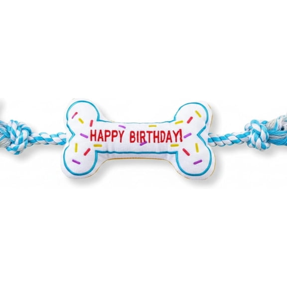 Pawty Birthday Bone Interactive Dog Toy with Squeaker  Plush Tug Rope Chew Toy for Small & Medium Dogs  Machine Washable  6.5" Party Gift Toy (White)
