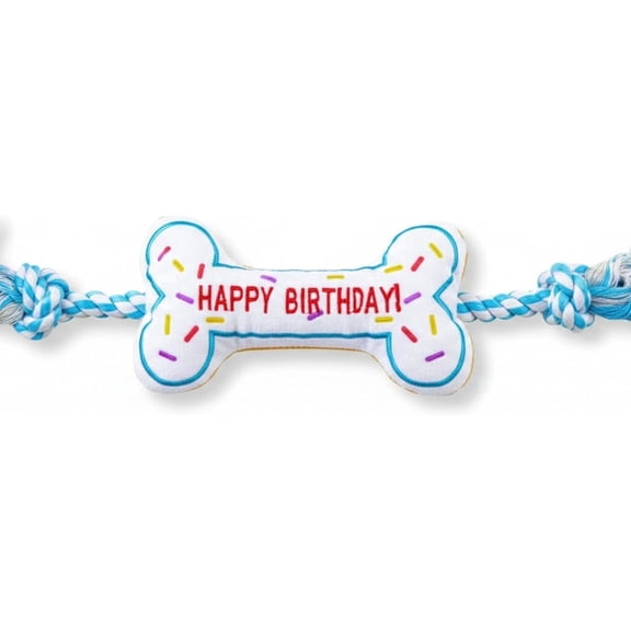 Pawty Birthday Bone Interactive Plush Tug Rope Chew Toy for Medium & Large Dogs | 6.5" Party Gift Toy (White)