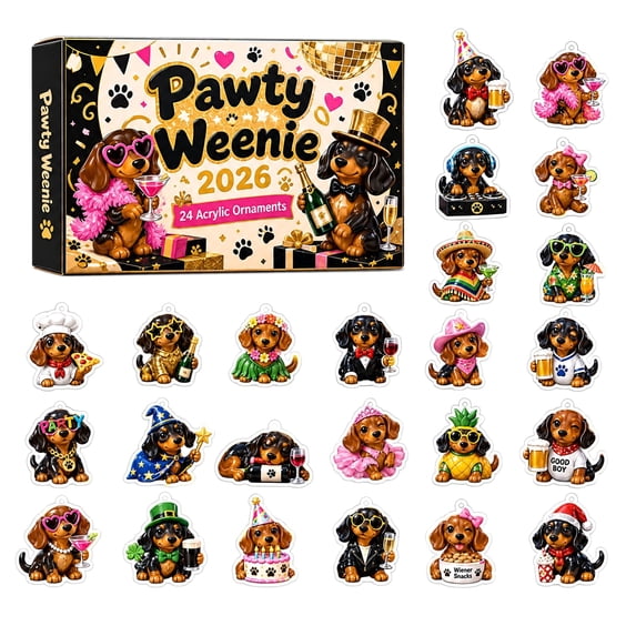 Pawty Weenie Christmas Countdown Advent Calendar, Set with 24 Party Puppy Acrylic Hanging Ornaments