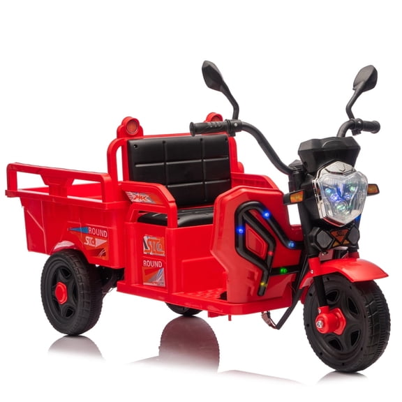 Pawverly 12V Kids Electric Ride On Truck 3-Wheel Trike with 2WD Drive, LED Lights, Music, Extra Wide Seat, Large Storage Box, Anti-Slip Wheels, for Kids 3-6 Red